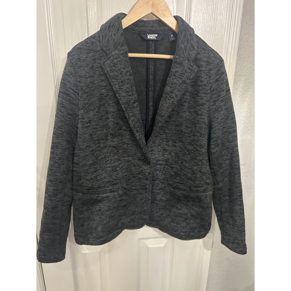 Lands End Womens Gray Marl Knit Blazer Jacket Single Button Size M 10-12